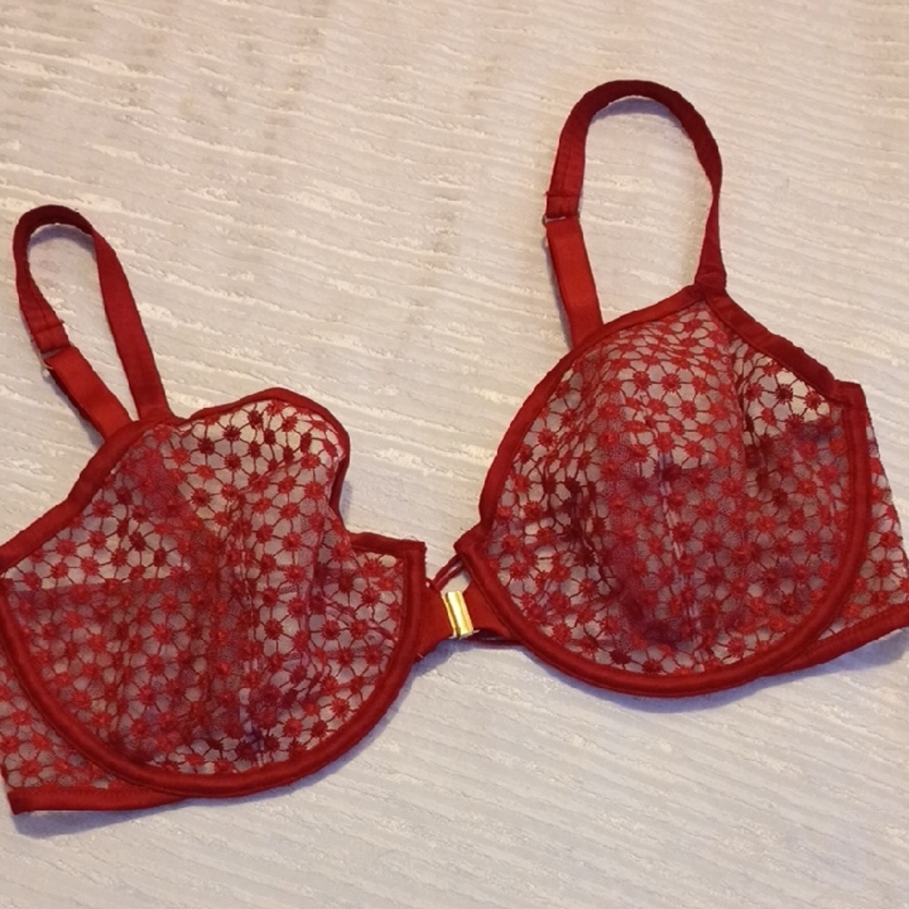 Victoria's Secret Scarlet Lace Bra With Front Gold Clasp